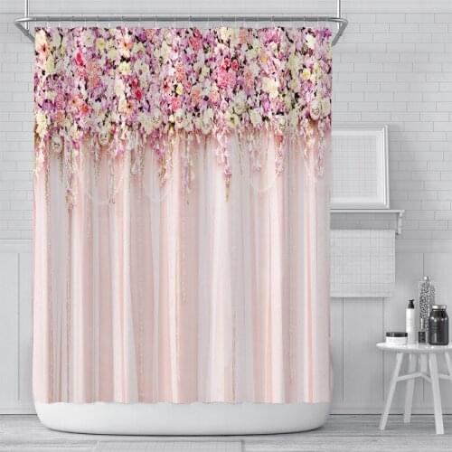 Cherry Pink Flower Wall Shower Curtain Set with 12 Hooks Bathroom Decoration