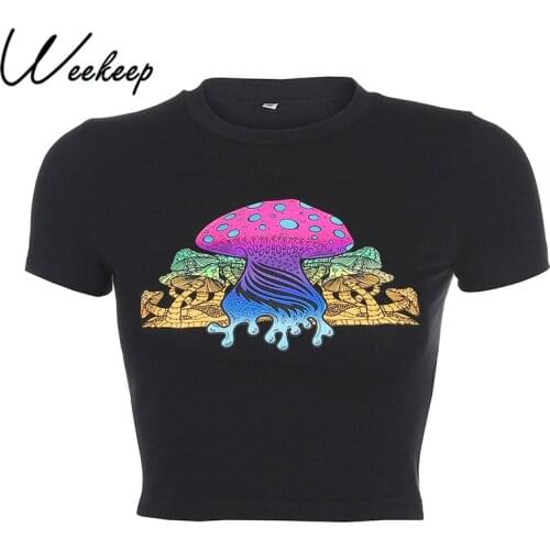 Weekeep Mushroom Print Short Sleeve Bodycon Womens t-shirt Casual High Street O-Neck Crop Tops Streetwear Black Summer T-shirts