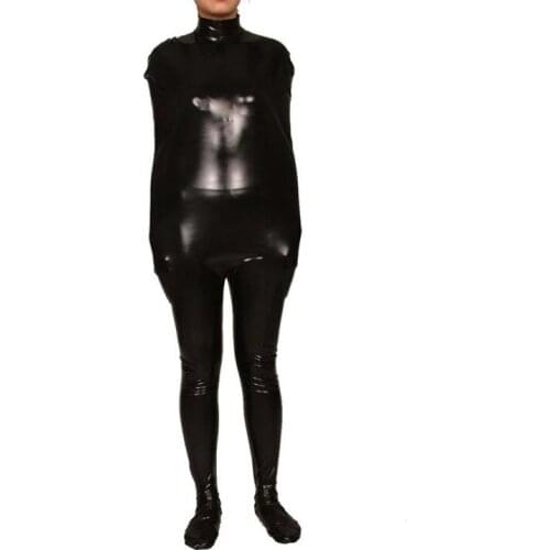Womens Sexy black Shiny Metallic Spandex Zentai Catsuits adult cosplay split leg mummy Fancy Dress without hood
