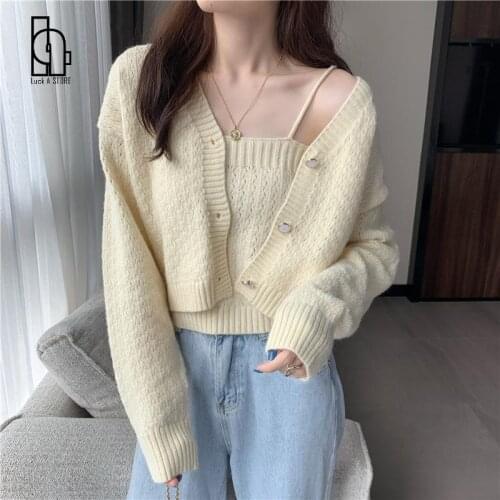 Women Two Pieces Sweater Set Autumn Casual Loose V-Neck Cropped Cardigan And Knitte Tube Tops Korean Knitwears 카디건
