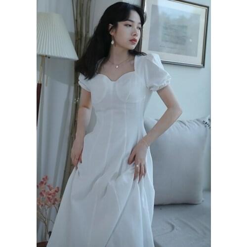 High Quality White Women Dress Vintage Square Collar Puff Sleeve Woman Dresses Summer Party Vestidos Robe Longue Femme WPY3717