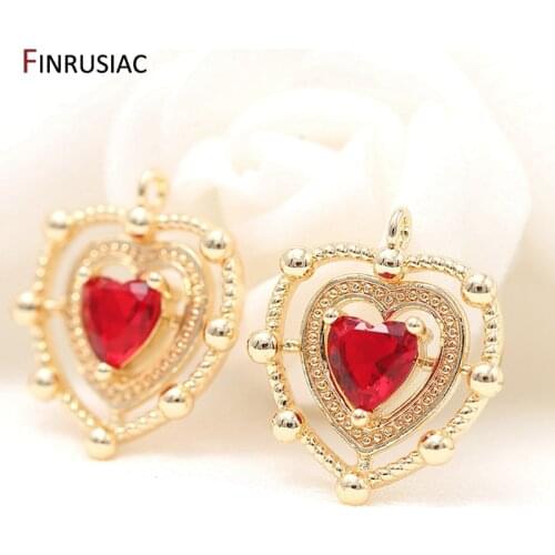 14k Gold Plated Red Crystal Heart Pendants For DIY Earrings Necklaces Jewelry Making Accessories Wholesale