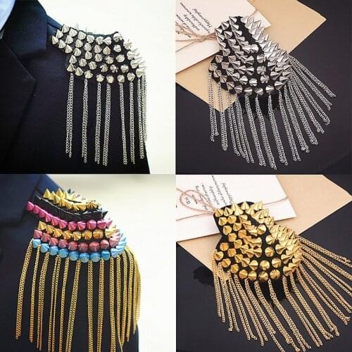 2pcs Rivet Epaulette Brooch Gold Silver Tassel Epaulet Shoulder Handmade Clothing Suit Decoration Fringed Shoulder Brooch