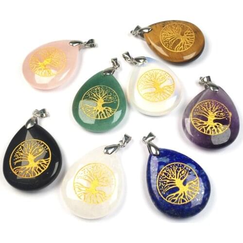 2020 New Drop Shaped Semi-precious Stone Pendant Tree Pattern Size 25x32mm Hot Selling Jewelry