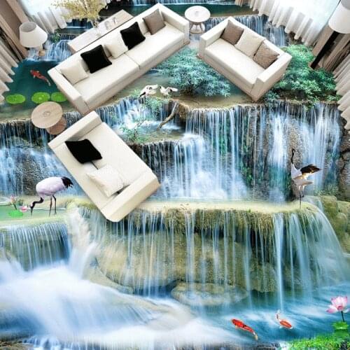 3D Floor Landscape Wallpaper Falls Lotus Pond Carp Red-crowned Cranes For Bedroom Bathroom Customized Photo Mural Wall Papers