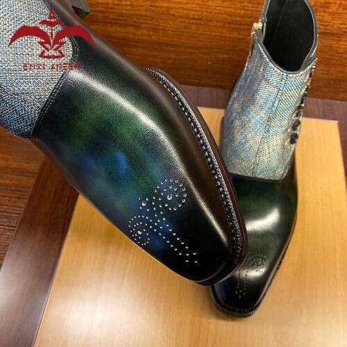 For Vintage Retro Men Lady Shoes 100% Genuine Leather Boots Shoes Patina Green Color Handmade Shoes Custom Logo Name Boots