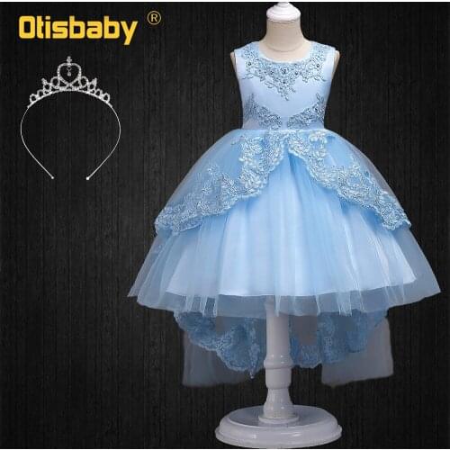 Boutique Girls Summer Floral Dress Princess Lace Embroidery Dresses for Teenage Girls Diamond Tulle Trailing Dress Eveving Party