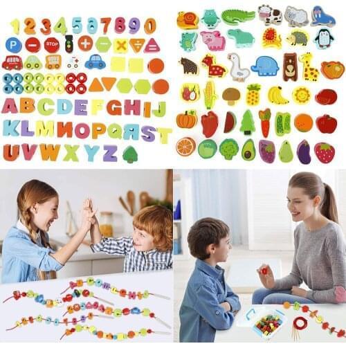 Wooden beads Baby DIY Crafts Toy Cartoon number Fruit Animal Stringing Threading beads Toy Monterssori Educational for Kids Toy