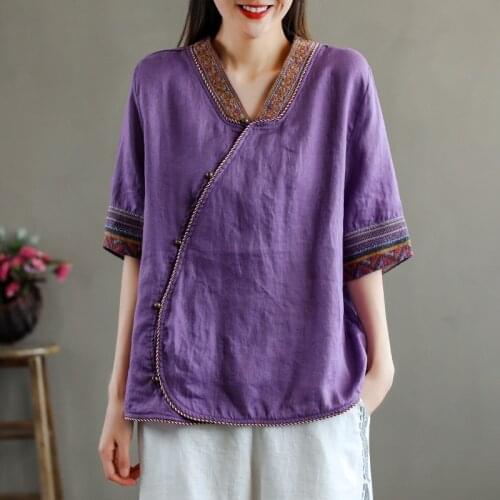 Summer Chinese Traditional Clothing Women Classic Embroidery Tang Suit Qipao Shirts Hanfu Linen Ethnic Vintage Chinese Top 12729