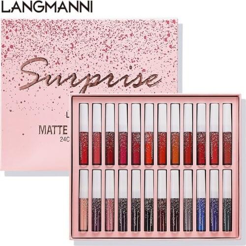 24 Pcs/set Matte Waterproof Lipgloss Lipstick Packaging Bags Gift Moist Longlast Non-Stick Cup Liquid Lipgloss Beauty Cosmetics