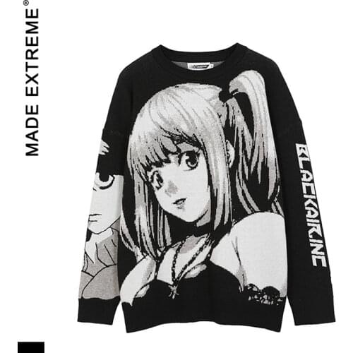 MADEEXTREME Mens Hip Hop Streetwear Harajuku Sweater Vintage Retro Japanese Style Anime Girl Knitted Sweater Pullover GM12
