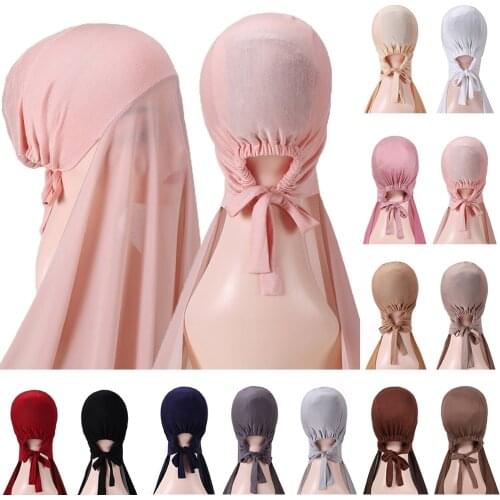 NEW Bubble Solider Color Heavy Chiffon Hijab With Bonnet Elastic Rope Free Use Style Free Use Shawls Fashion Bandage Headscarf