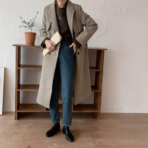 Solid Wool Chic Fashion Retro Elegant Korea Long Gentle Blend Loose Casual Warm 2021 Woolen Winter Women Coat