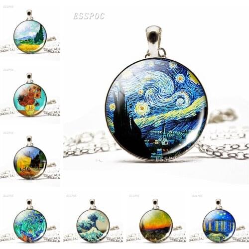 Van Gogh Necklace Starry Night Art Painting Sunflower Pendant Glass Dome Chain Necklace Women Fashion Accessories Gifts