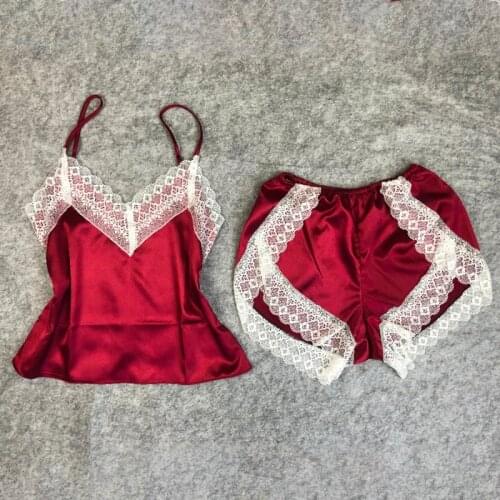 Womens Sexy Sleepwear Satin Pajama Set Solid Color Lace V-Neck Pyjamas Sleeveless Cute Cami Top and Shorts Female Sleeping Wear