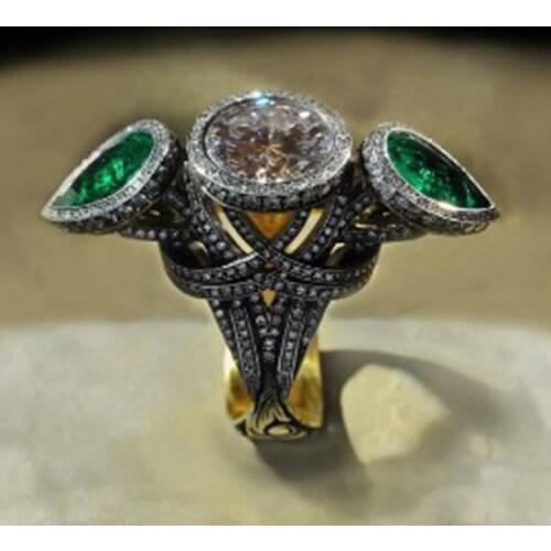 Luxury Black Gold Plated Women Jewelry Gothic Ring White Green Gem Crystal Party Ring Zircon Bridal Wedding Ring Fashion Jewelry