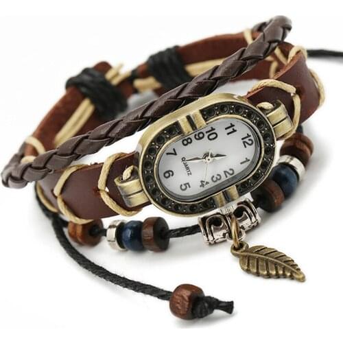 Handmade Retro Bracelets For Women Genuine Leather Woven Watch Charm Bracelet Braided Bangles Male Jewelry DIY Wood Beads