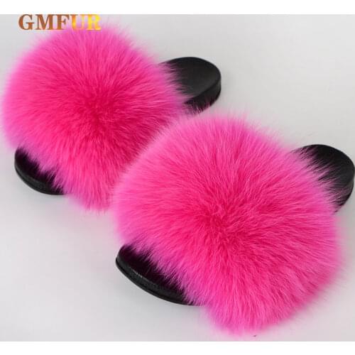 Ladies Real Fox Fur Slippers Summer Female Slides New Fuzzy Indoor Home Flats Women Cute Sandals Outdoor Beach Shoes Flip Flops