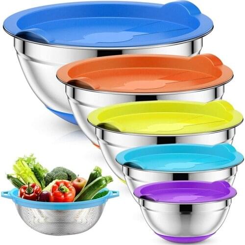 Mixing Bowls with Airtight Lids & Colander, 6Pcs Colorful Stainless Steel Metal Nesting Bowls for Kitchen, Non-Slip