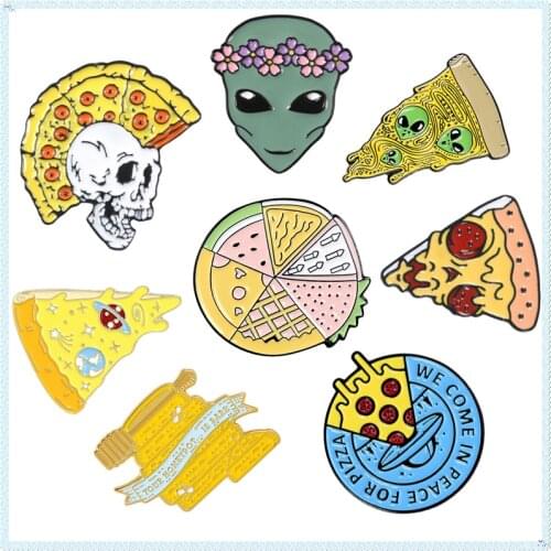 Lunch time! Pizza Skull Pink enamel pins Alien with flower crown Hard Lapel pin Cartoon Badges Fruit brooches Denim Jewelry gift
