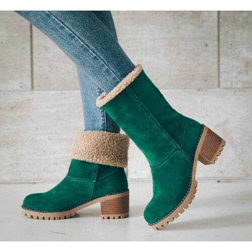 Women Winter Faux Fur Green Khaki Snow Boots Ladies Flock Plush Keep Warm Rome Thick heel Martin Plus Size Boots Zapatillas New