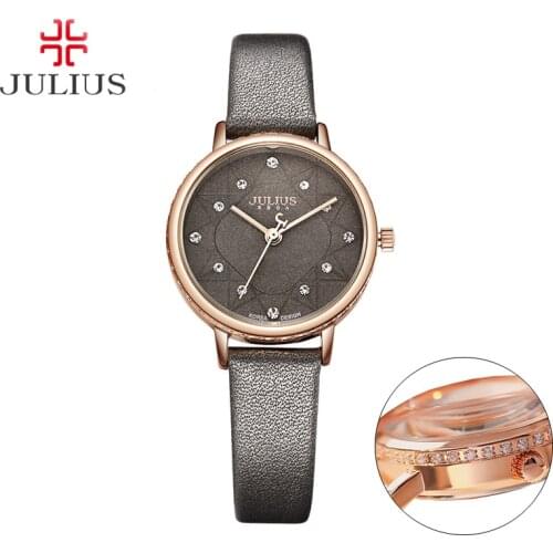 Retro Ladys Womens Watch Japan Quartz Hours Cubic Zirconia Fine Fashion Dress Bracelet Real Leather Girl Birthday Gift Julius
