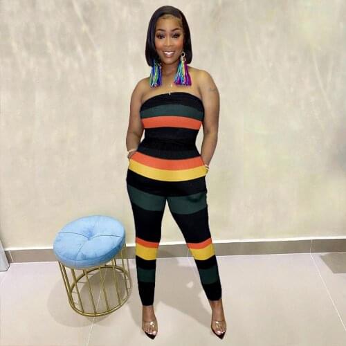 Stripe Printed Color Contrast Sexy Wrap Jumpsuit Womens Strapless Tube Romper with Two Pockets Sleeveless Jumpsuit Long Pants