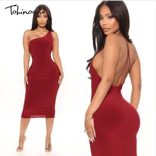 Tobinoone One Shoulder Midi Dress Women Solid Sleeveless Backless Sexy Bodycon Dresses Autumn Adjustable Sheath Party Vestidos