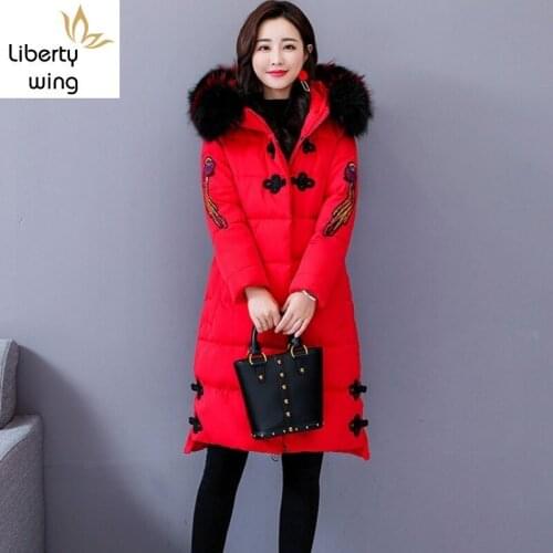 Winter Fur Collar Hooded Long Coat Female Fashion Elegant Warm Black/Red Outerwear Chinese Style Embroidery Vintage Down Jacket