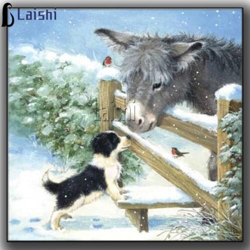 5D DIY Diamond Embroidery animal Cartoon, snow and ice scenery, donkey and puppy Full Square Round Rhinestone Mosaic Painting