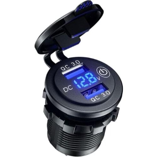 12V 24V Dual QC3.0 USB Car Charger Socket with Touch Switch and LED Voltmeter