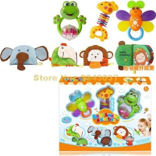 Baby Newborn Clothing Book Story Ring Bell Rattle Animal Plush Plastic Frog Elephant Turtle Monkey Giraffe Butterfly Toy