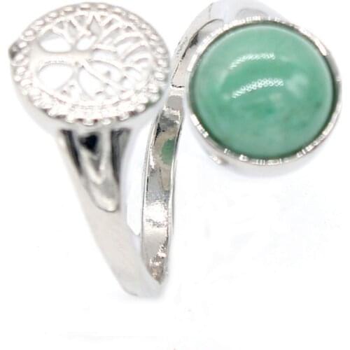 KFT Silver Plated Natural Green Aventurine Stone Tree of Life Resizable Stones Finger Ring Women Men Jewelry
