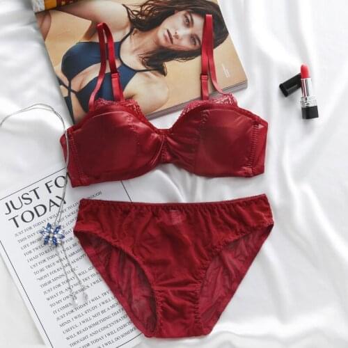 Ladies Lace Glossy Half Cup Gathered Bra + Panties Set Fashion Comfortable Breathable Solid Color Bra Sets