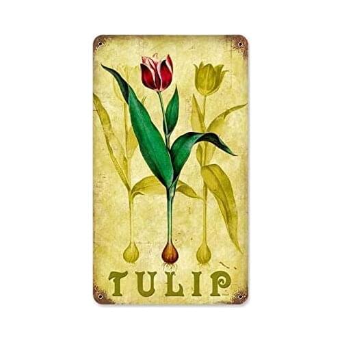Metal Sign Tulip Flower Home Kitchen Interior Wall Art Decoration Retro Old-fashioned Square Pattern Metal Sign 12x8 Inches