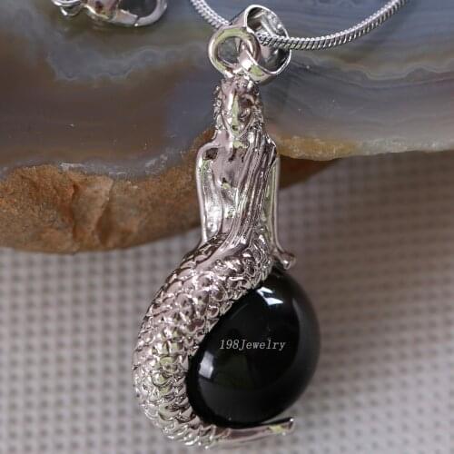 Natural Stone Mermaid Pendant Round Bead Black Onyx Necklace Pendant E842