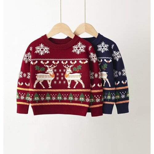 2021 New Christmas Sweaters Autumn Winter Baby Girls Boys Knitting Pullovers Tops Children Elk Print Long Sleeve Sweaters 3-7Y