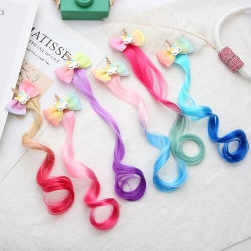 New Hot Sale Children Hair Clips Bows Unicorn Colorful Wig Hair Accessories Girls Hairclip Fake Twist Braid Headdress