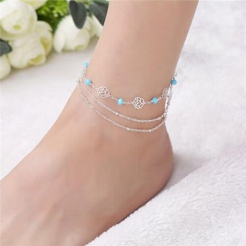 Wholesale European Fashion Woman Girl Party Birthday Gift Multilayers Flower Beads 925 Sterling Silver Anklet CB095