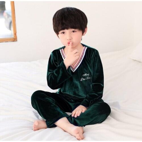 Boy Girl Pajamas Set Winter Children New Unisex Pijamas Kids Soild Warm Homewear Pyjama Christmas Golden Velvet Sleepwear