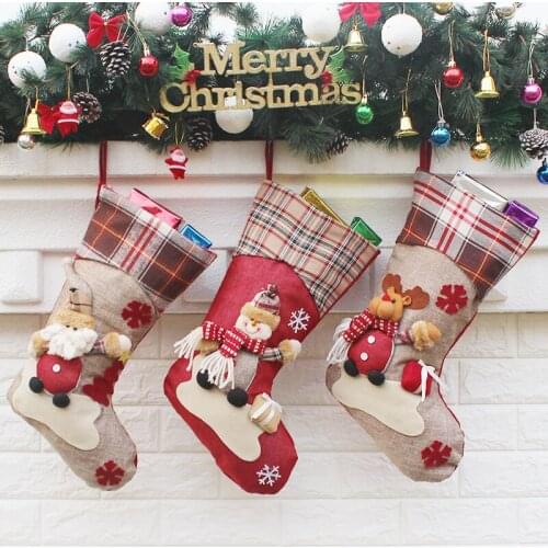 Christmas Stockings For Kids New Year Candy Gift Bag Plaid Christmas Tree Ornaments Decoration Supplies Santa Claus Snowman Sock