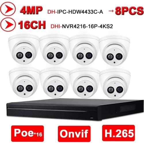 Dahua 4MP 16+8 Security Camera System 8pcs 4MP IP Camera IPC-HDW4433C-A & 16POE 4K NVR4216-16P-4KS2 Surveillance P2P NVR Kit