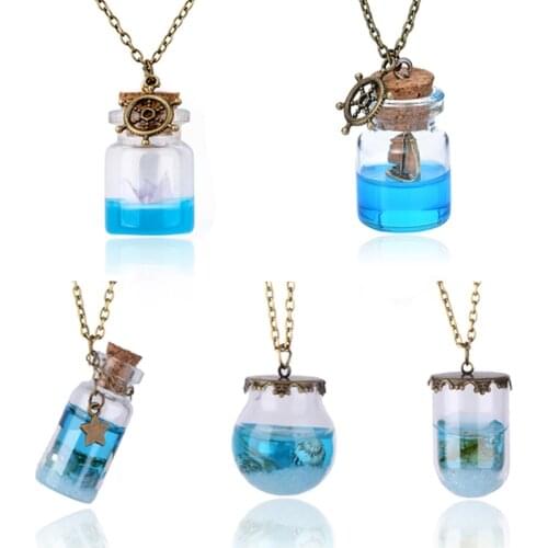 Vintage Antique Gold Blue Sea Ocean Glass Bottle Pendant Necklace Boho Charming Mermaid Tears Shells Star Vial Necklace Jewelry