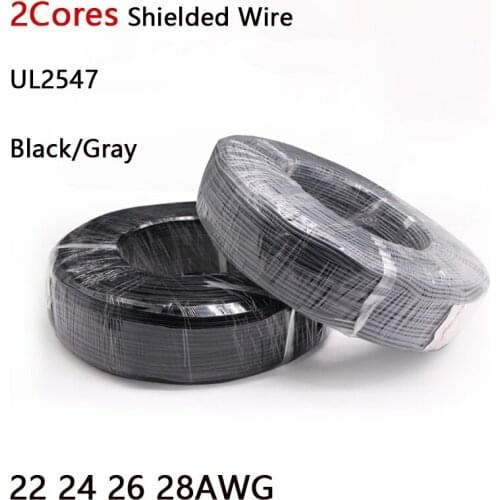 UL2547 Black/Gray 2Cores Shielded Wire 22 24 26 28AWG PVC Control Cable Tinned Copper 80℃ 300V