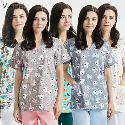 Unisex Pet Grooming Work Uniform Dental Nursing Workwear S-XXL Cartoon Printed Scrubs Tops Lab Dustproof Work Wear Men and Women