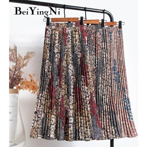 Beiyingni Skirt Women Floral Printed Vintage Casual Korean Pleated Midi Skirt Retro Kawaii Harajuku Fashion Faldas Female Jupe
