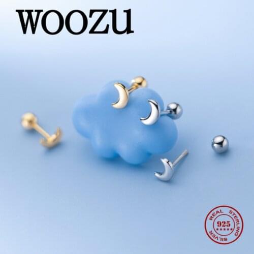 WOOZU Minimalist Mini Cute Romantic Moon Beads Stud Earrings for Women Real 925 Sterling Silver Teen Student Jewelry Accessories