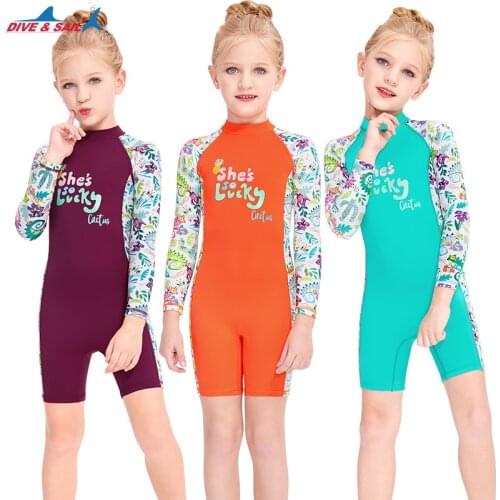 DIVE&SAIL Summer One Piece Girls Swimming Suit Short Sleeve Sunscreen Quick Drying Elastic Swimsuit Kids Swimwear for Girls