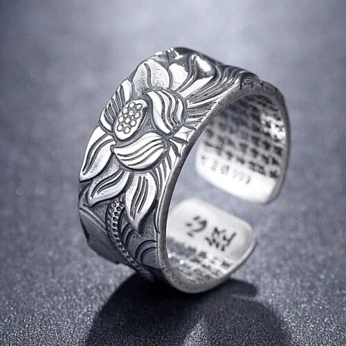 925 Sterling Silver Carved New Trendy Heart Sutra Lotus Individual Opening Adjustable Ring Wide Banner Ring For Men And Women