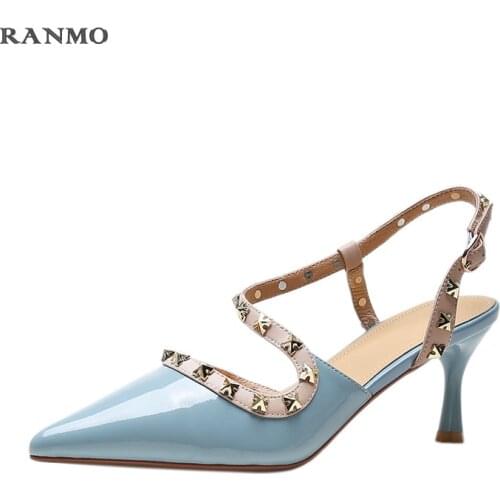 Summer pointed sandals high heels womens shoes rivet decorative patent leather high heels party shoes office shoes fashion shoes